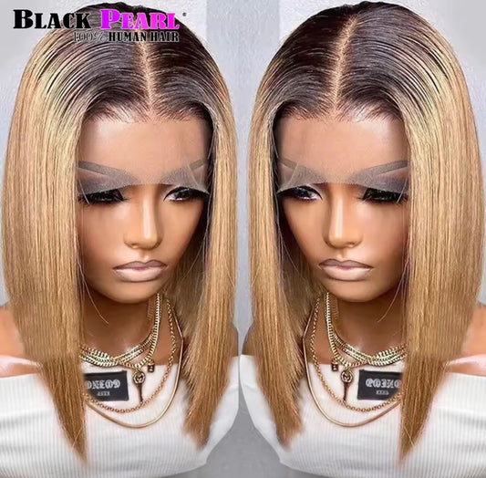 Perruque BOB Frontal naturelle lisse ombré, blond miel , perruque lace front wig pour femme