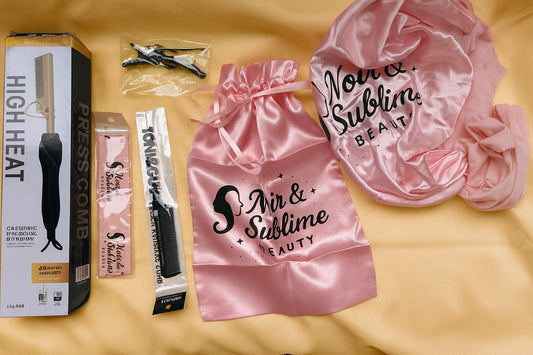 Kits d’accessoire de perruques Peigne lisseur Électrique chaud pour cheveux , Bonnet en satin , peigne à Queue de rat , bandeau de maintien Élastique, pinces à cheveux , sac de rangement en satin pour perruque , bande de sauna en satin 7 pièces