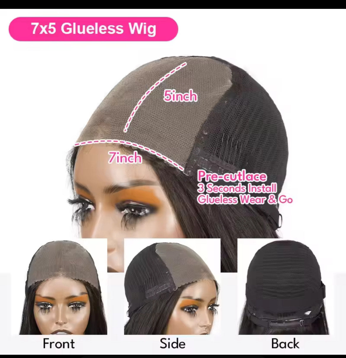 Perruques sans colle, cheveux humains, prêtes à porter, lisses, pré-épilées, à porter et à emporter, 7x5 HD, dentelle frontale prédécoupée