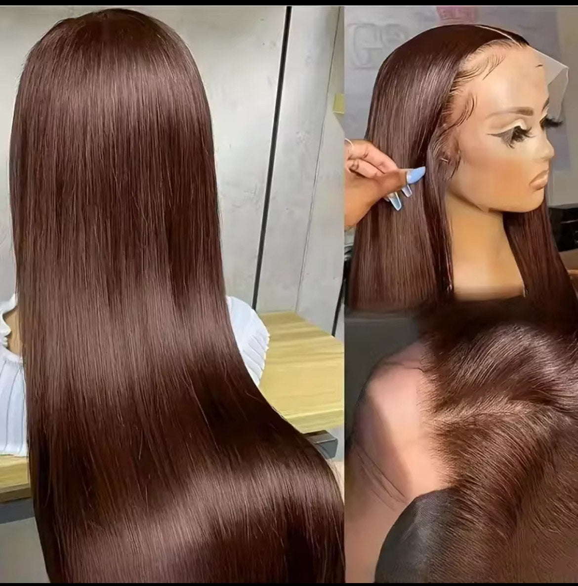 Perruques cheveux naturels, lisses, sans colle, brun chocolat, avec lace front, prêtes à porter, 10x10, pour femmes