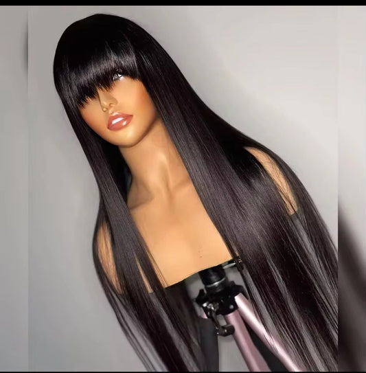 Perruques en cheveux humains raides, fabriquées à la machine & fabriquées à la main, de style malaisien, avec frange, couleur naturelle, sans colle, pour femmes