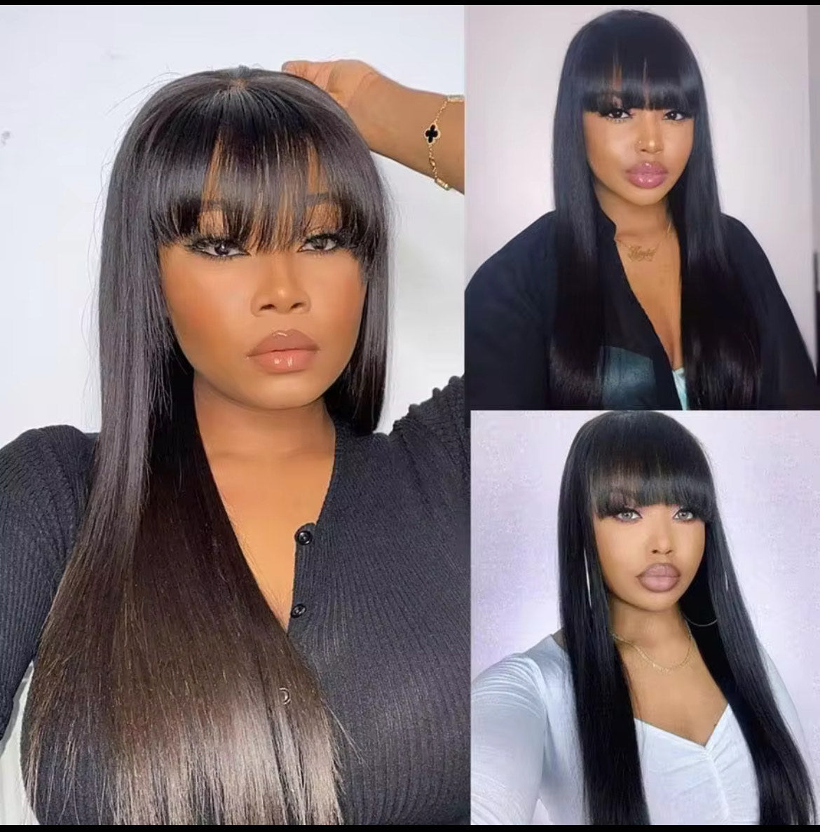 Perruques en cheveux humains raides, fabriquées à la machine & fabriquées à la main, de style malaisien, avec frange, couleur naturelle, sans colle, pour femmes