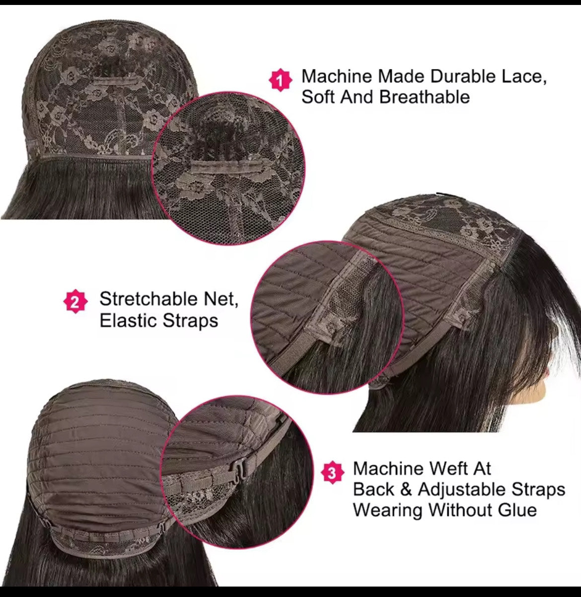 Perruques en cheveux humains raides, fabriquées à la machine & fabriquées à la main, de style malaisien, avec frange, couleur naturelle, sans colle, pour femmes