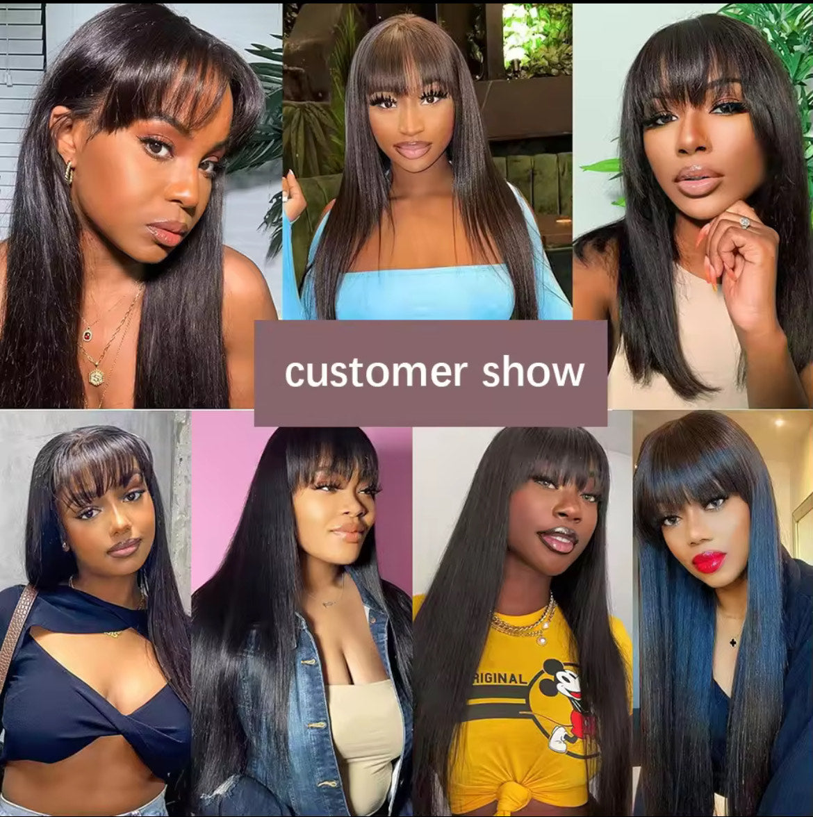 Perruques en cheveux humains raides, fabriquées à la machine & fabriquées à la main, de style malaisien, avec frange, couleur naturelle, sans colle, pour femmes