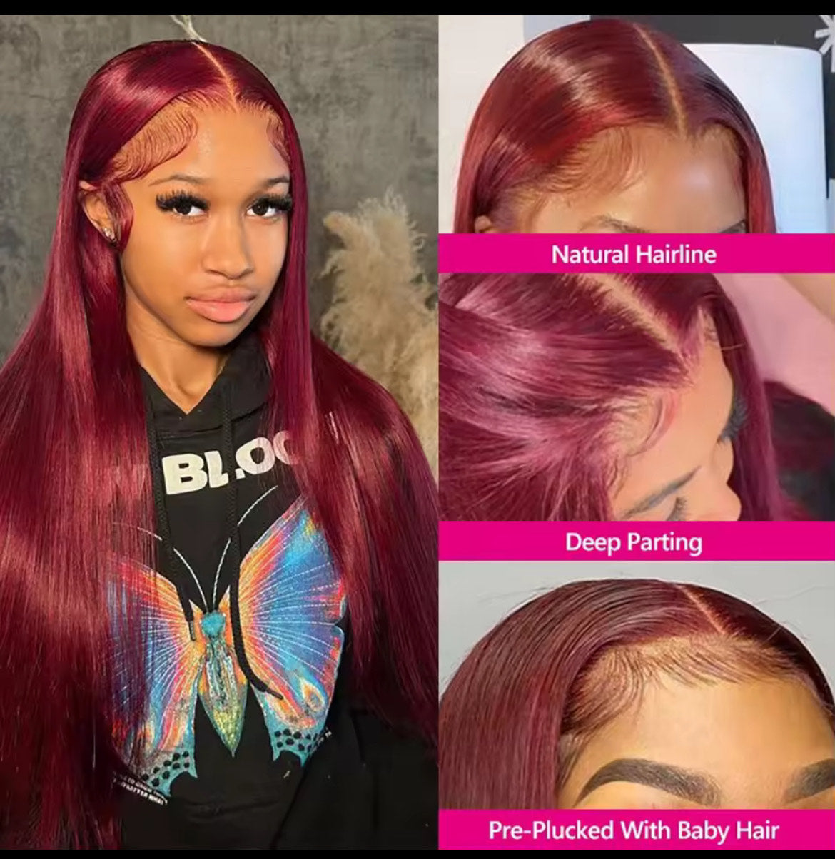 Perruque 99J Bordeaux 13x4 HD Transparent Lace Front Wig Perruque de cheveux humains malaisiens raides pour femmes Perruque à fermeture en dentelle 4x4