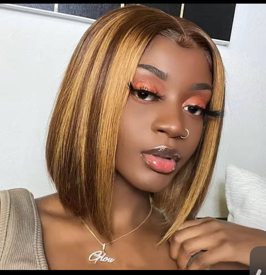 Perruque Bob Lace Front Wig Naturelle Ombrée cheveux courts lisses pré-découper , Blond miel , 13X4 à reflet , 100%
