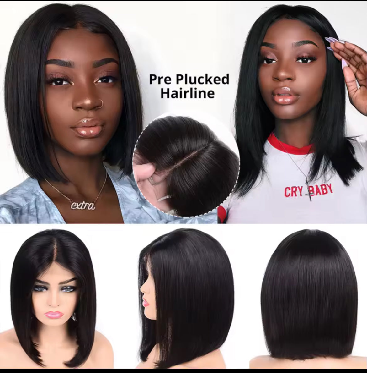 Cheveux Bruts Vietnamiens 180% densité Cheveux humains dentelle frontale Perruque droite BOB Naturel noir.
