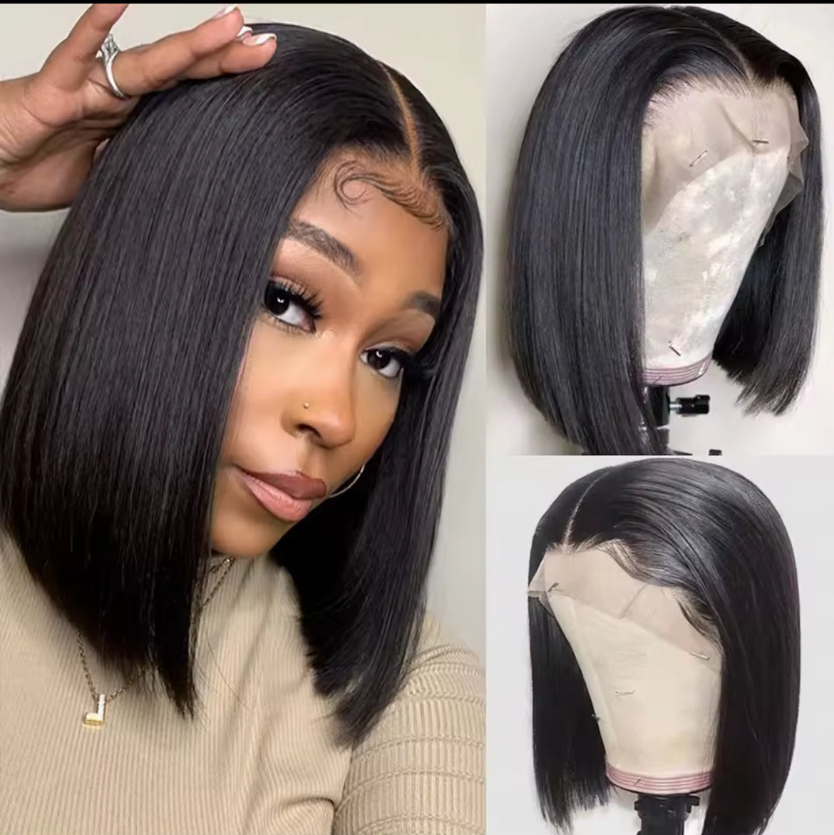 Cheveux Bruts Vietnamiens 180% densité Cheveux humains dentelle frontale Perruque droite BOB Naturel noir.