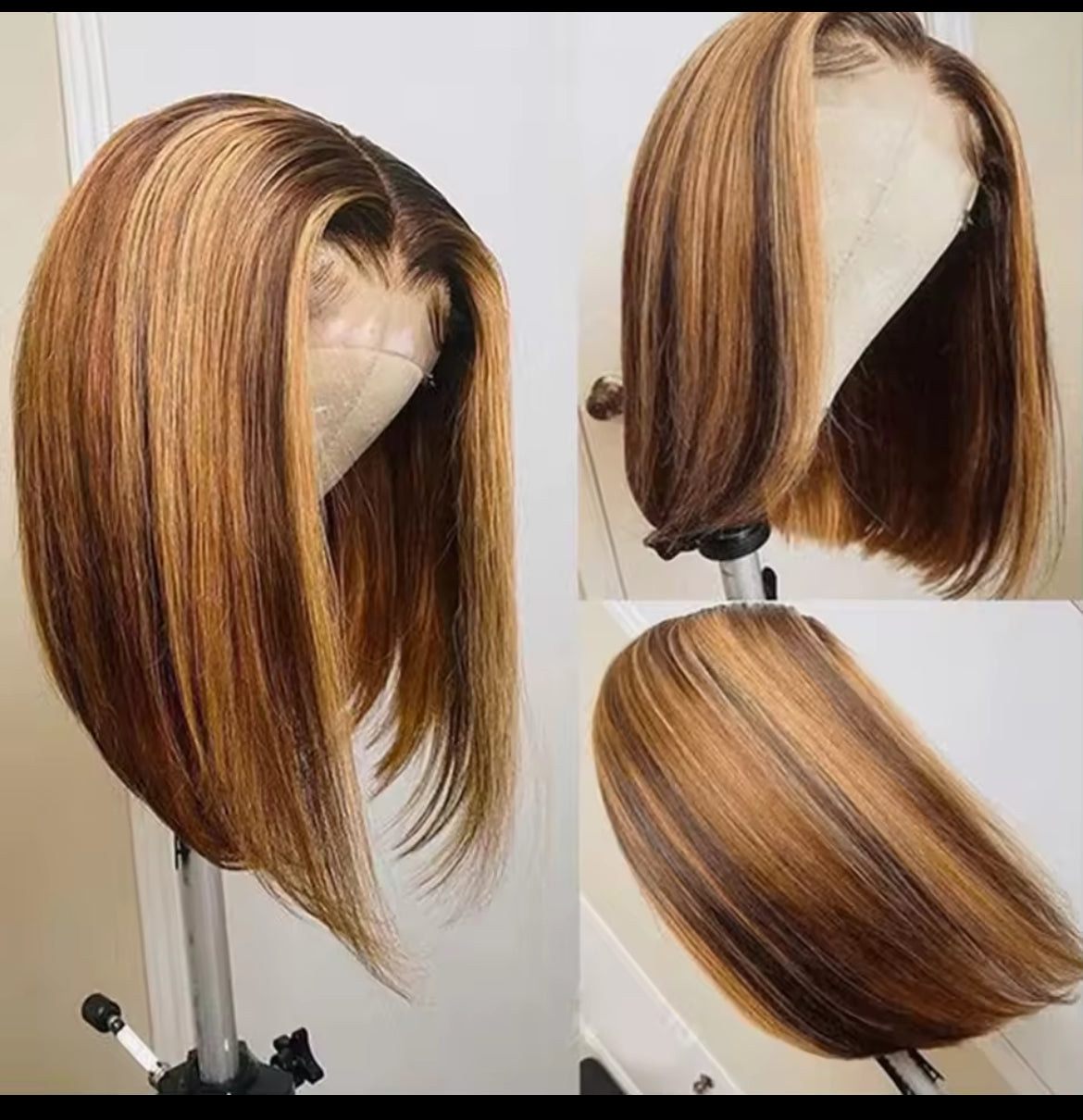 Perruque Bob Lace Front Wig Naturelle Ombrée cheveux courts lisses pré-découper , Blond miel , 13X4 à reflet , 100%