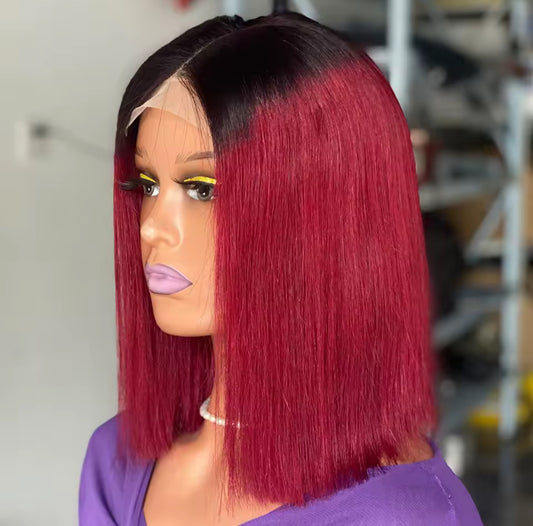 Cheveux humains Court Bob Perruque densité 180% Ombre 1B 99J deux tons Vin rouge Bourgogne 13X4 Lace Front Perruque Pour Femme
