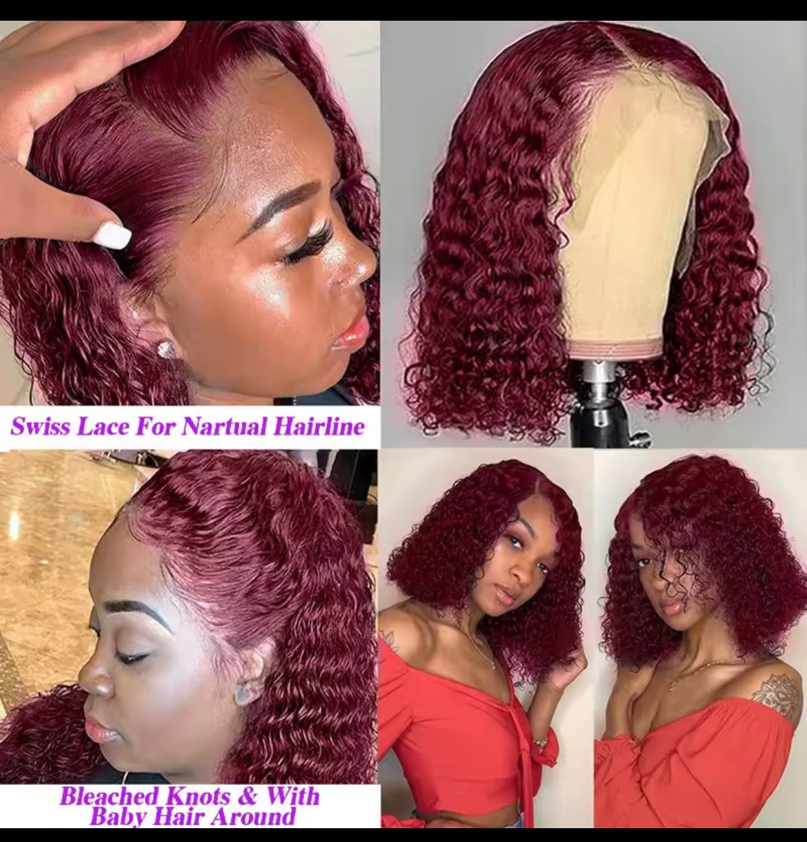 Perruque Lace front Wig Bouclée Bordeaux 99J , Cheveux Humains , 13X4 , Pre-Plucked , Densité 150% Pour femme