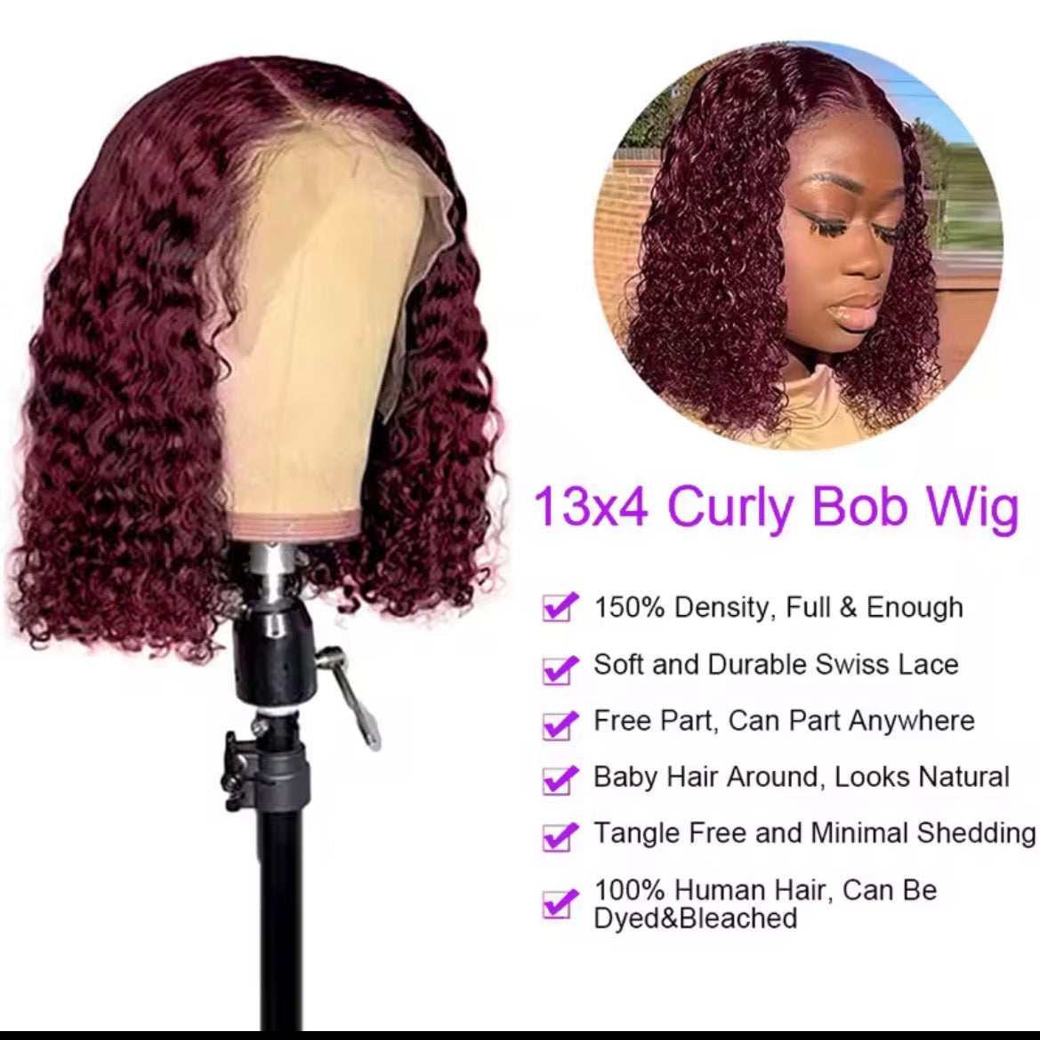Perruque Lace front Wig Bouclée Bordeaux 99J , Cheveux Humains , 13X4 , Pre-Plucked , Densité 150% Pour femme