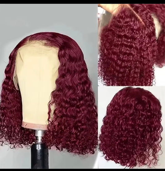 Perruque Lace front Wig Bouclée Bordeaux 99J , Cheveux Humains , 13X4 , Pre-Plucked , Densité 150% Pour femme