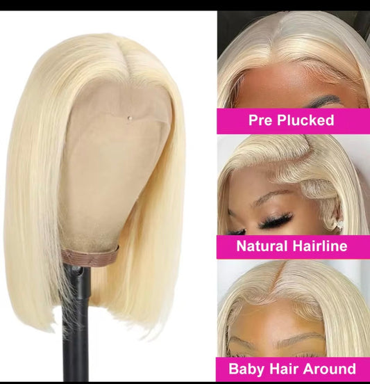Perruque Bob Lace Front Wig Remy naturelle lisse , cheveux courts , blond miel 180% densité 13X4