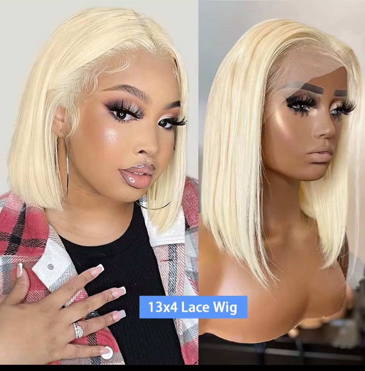 Perruque Bob Lace Front Wig Remy naturelle lisse , cheveux courts , blond miel 180% densité 13X4