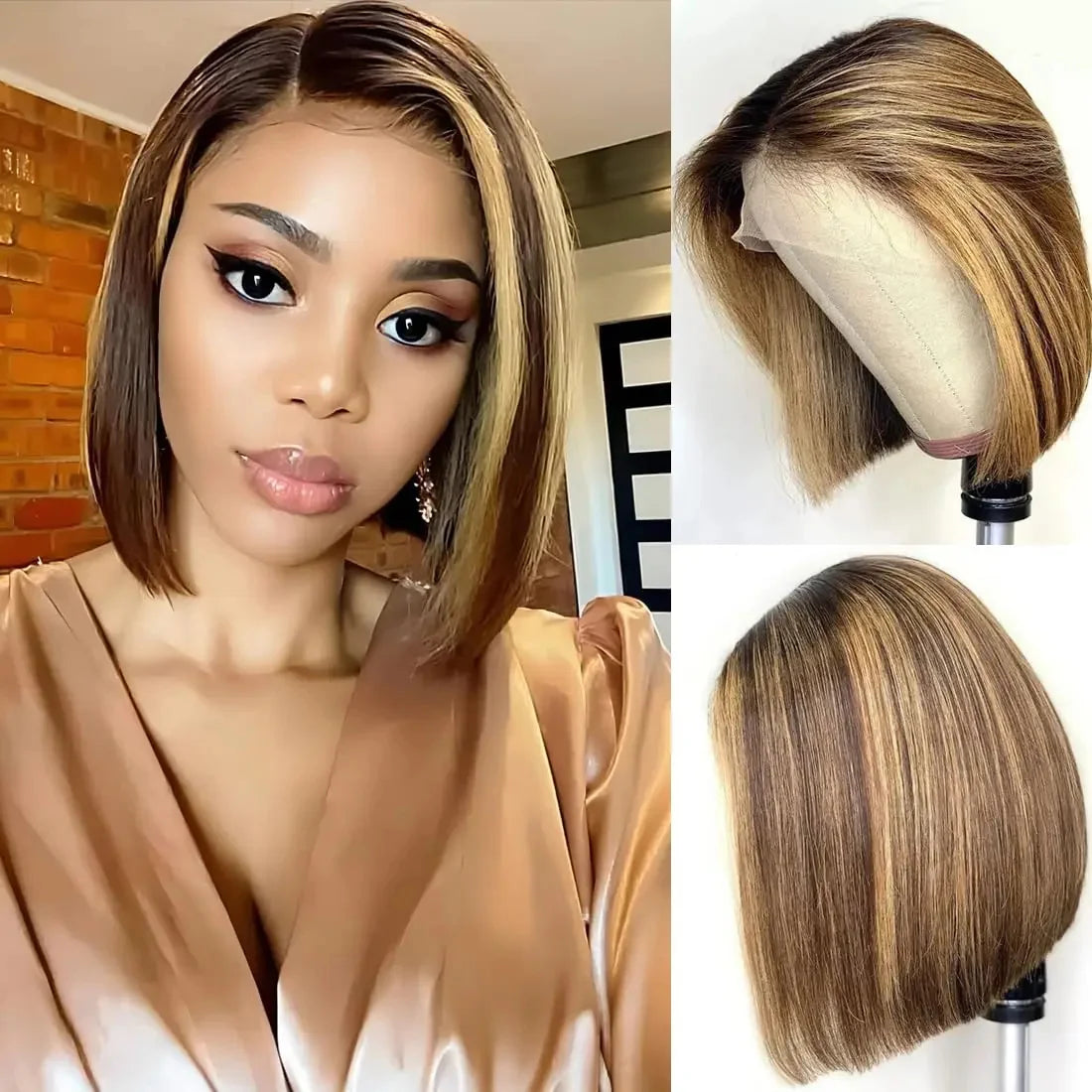 Perruque Bob 13x4, cheveux Remy lisses, ombré, mèches 4/27, perruques en cheveux humains, dentelle transparente sur le devant, pour femmes noires