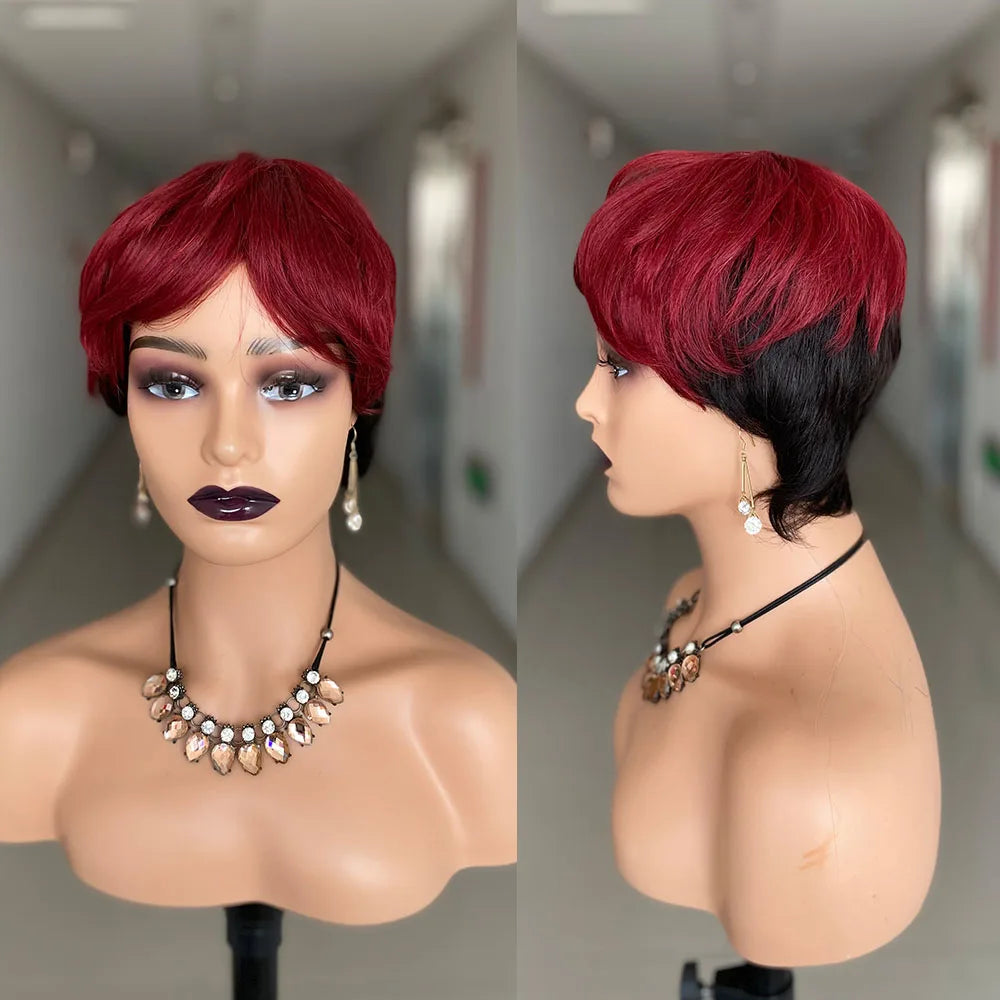 Perruques courtes en cheveux humains, coupe Pixie, perruque brésilienne droite pour femmes noires, perruques entièrement fabriquées à la machine avec frange