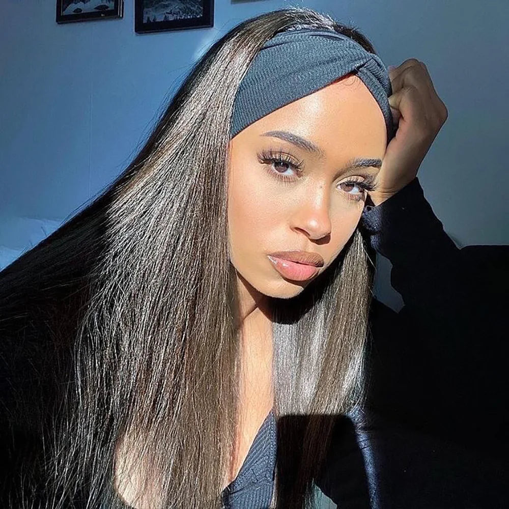 Perruque bandeau en cheveux humains raides, perruques en cheveux humains péruviens entièrement fabriquées à la machine pour femmes noires, faciles à porter, 180 %