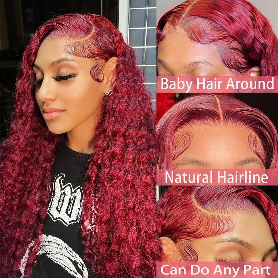 Perruque de cheveux humains avec dentelle frontale HD 13x6 bordeaux 99J de 40 pouces, perruque Remy de couleur rouge, perruque frontale bouclée en dentelle transparente 13x4, perruque frontale ondulée profonde