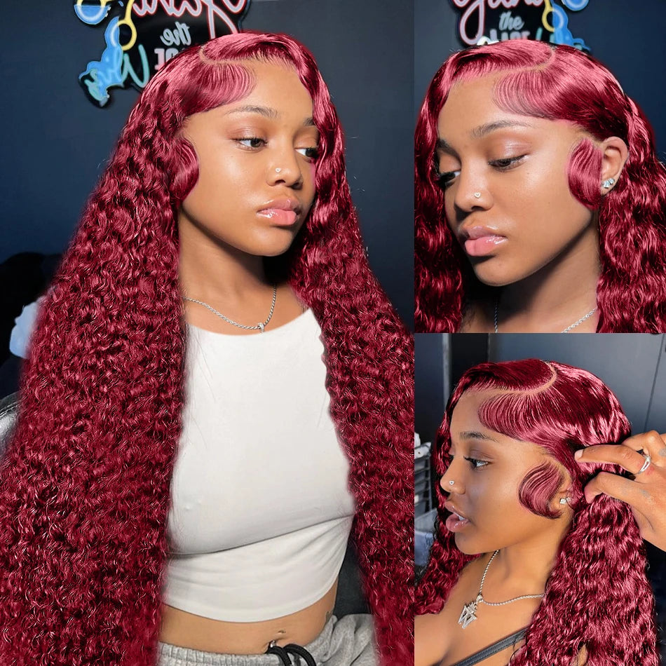 Perruque de cheveux humains avec dentelle frontale HD 13x6 bordeaux 99J de 40 pouces, perruque Remy de couleur rouge, perruque frontale bouclée en dentelle transparente 13x4, perruque frontale ondulée profonde