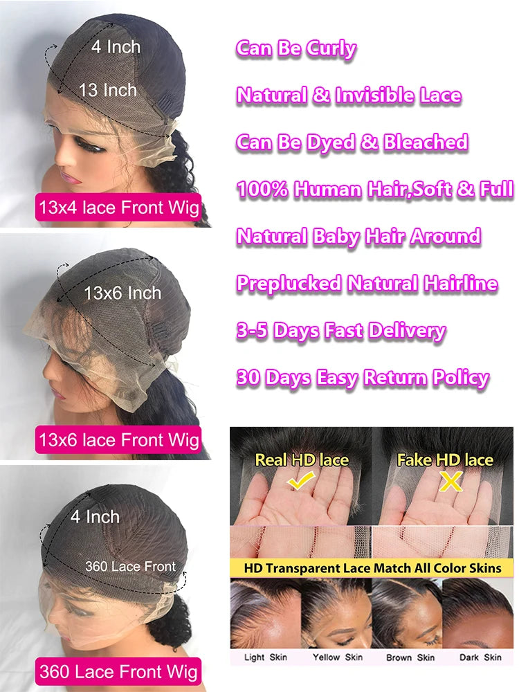 Perruque frontale en dentelle ondulée 30, 40 et 46 pouces, cheveux humains brésiliens pré-épilés, 13x6, HD, pour femmes