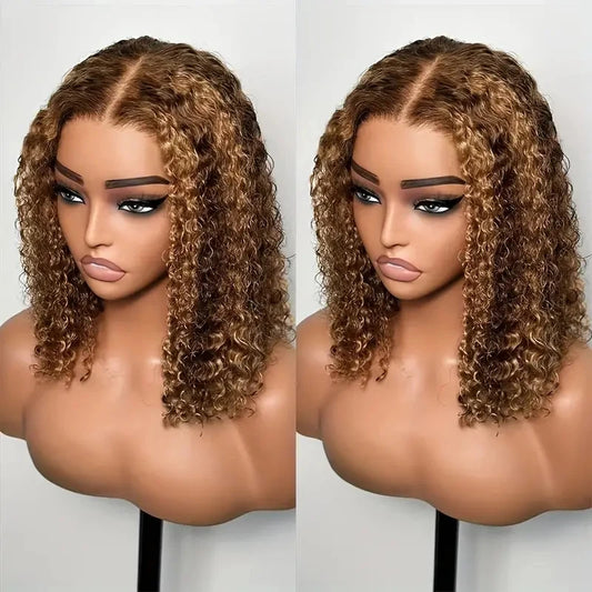 Perruques courtes à reflets colorés, ondulées, 13x4, avec dentelle frontale, cheveux humains brésiliens, bouclés et ombrés