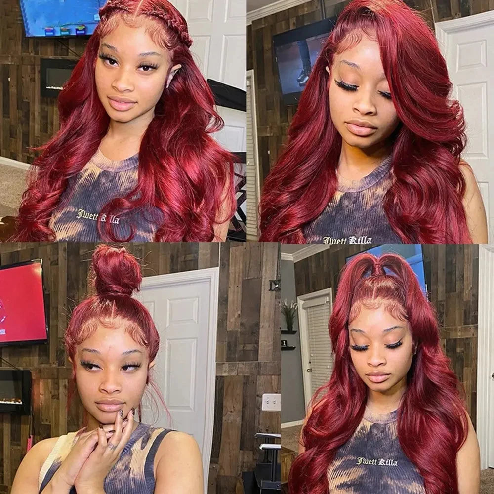 Perruques de cheveux humains avec dentelle frontale HD 99J Bordeaux 13x6, perruque ondulée rouge transparente colorée, fermeture 4x4 5x5 pour femmes