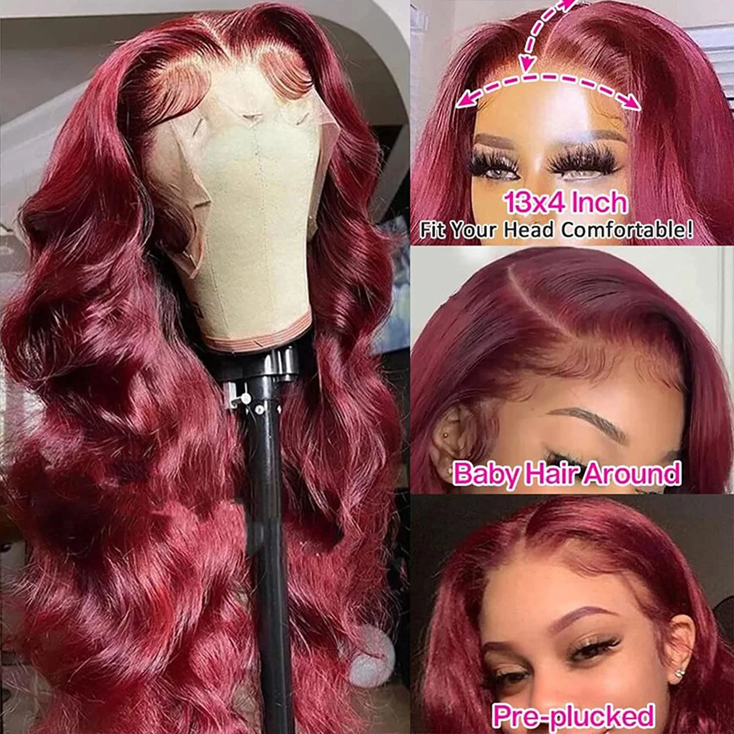 Perruques de cheveux humains avec dentelle frontale HD 99J Bordeaux 13x6, perruque ondulée rouge transparente colorée, fermeture 4x4 5x5 pour femmes