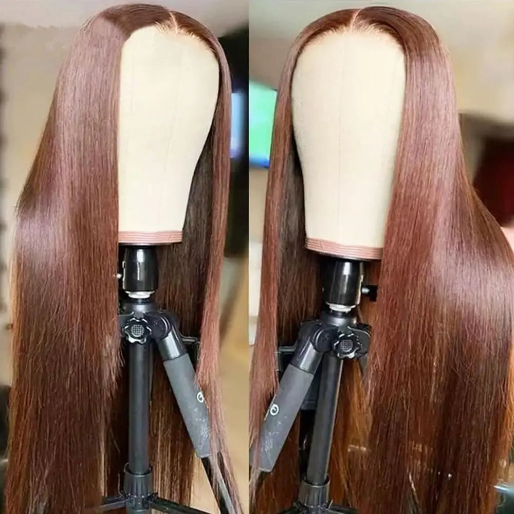Perruques cheveux naturels, lisses, sans colle, brun chocolat, avec lace front, prêtes à porter, 10x10, pour femmes