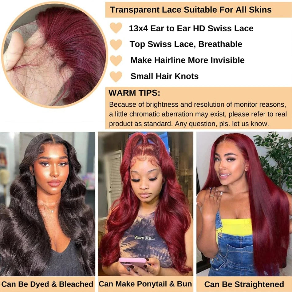 Perruques de cheveux humains avec dentelle frontale HD 99J Bordeaux 13x6, perruque ondulée rouge transparente colorée, fermeture 4x4 5x5 pour femmes