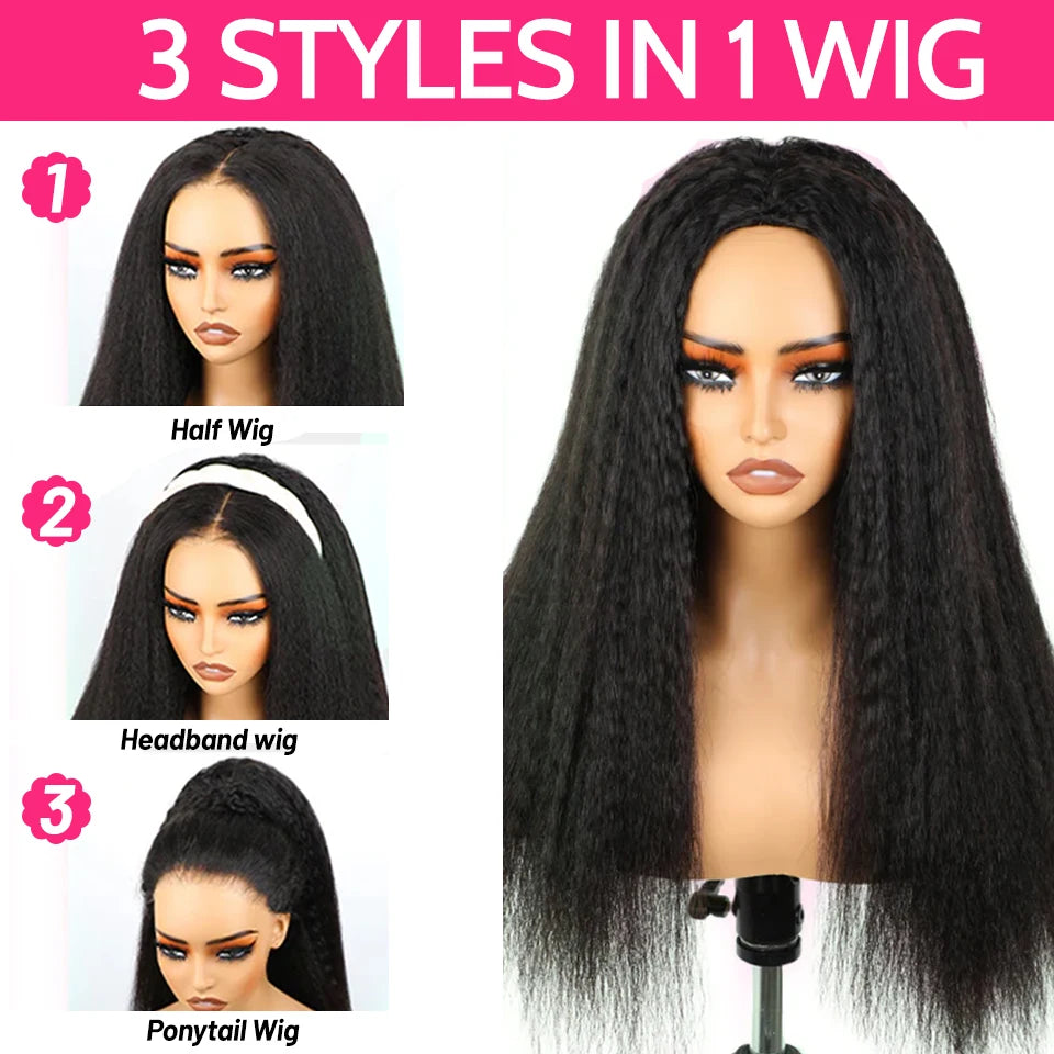 Demi-perruques crépues lisses sans colle, cheveux humains améliorés 3 en 1, demi-perruque avec cordon de serrage, clips sans couture, retournement