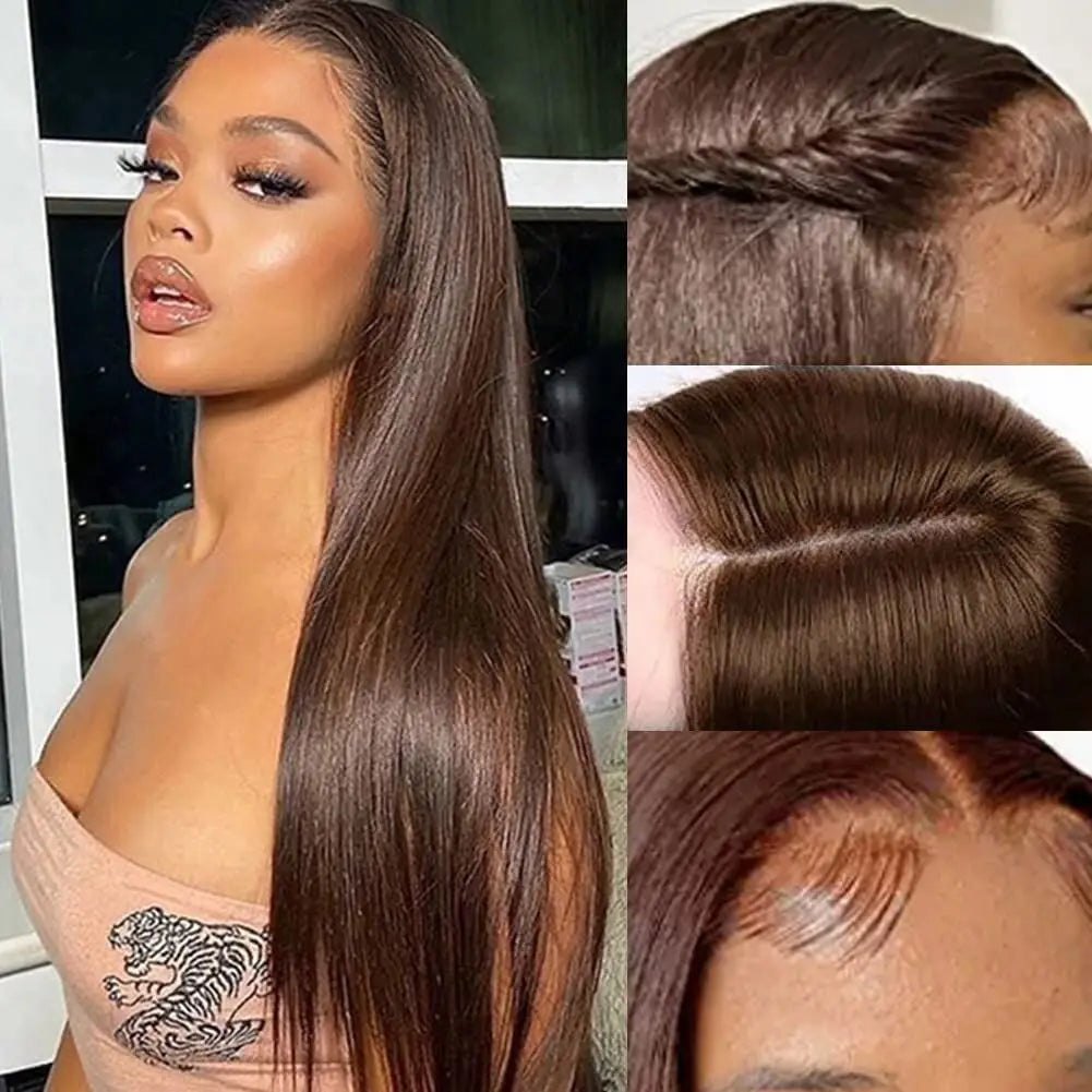 Perruque lisse marron chocolat Wear And Go n°4, 10 x 10, cheveux humains, sans colle, avec dentelle transparente, pré-découpée et pré-épilée.