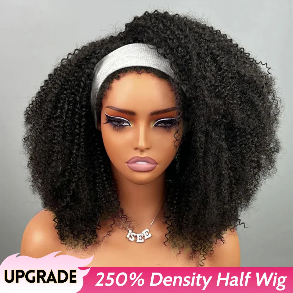 Perruques sans colle, demi-perruques afro bouclées, densité 250, cheveux humains, 3 en 1, avec cordon de serrage, clips sans couture