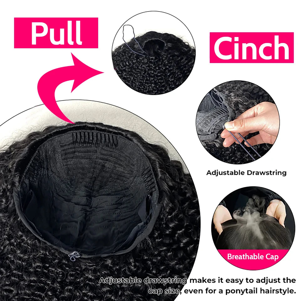 Perruques sans colle, demi-perruques afro bouclées, densité 250, cheveux humains, 3 en 1, avec cordon de serrage, clips sans couture