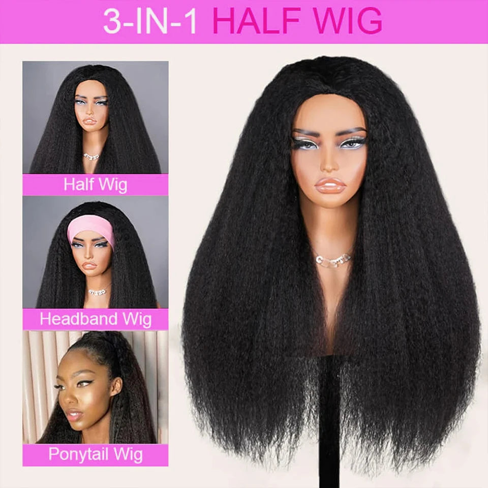 Perruque demi-perruque 3 en 1, cheveux humains crépus et raides, à porter et à emporter, sans colle, avec bandeau, cheveux humains vierges
