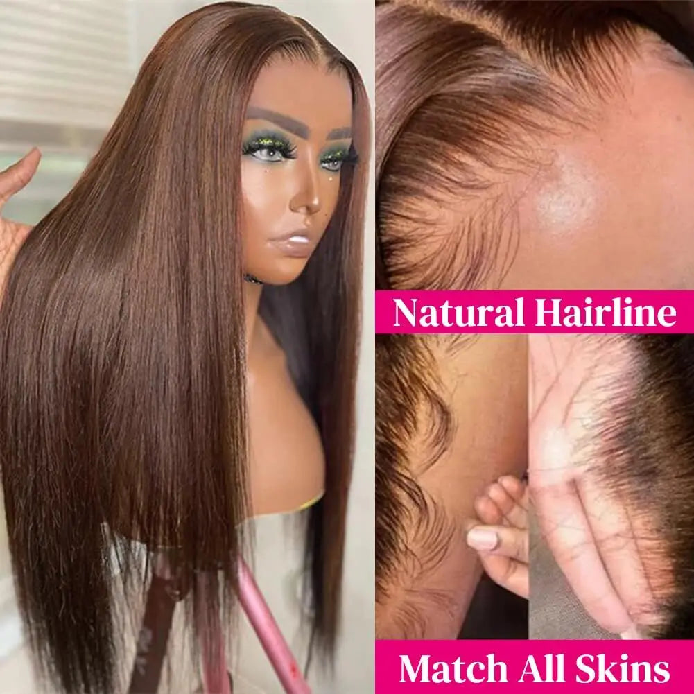 Perruques cheveux naturels, lisses, sans colle, brun chocolat, avec lace front, prêtes à porter, 10x10, pour femmes