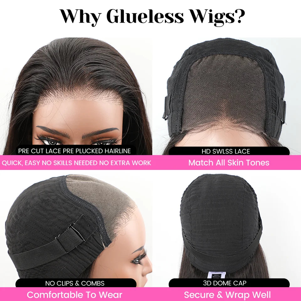 Perruque lisse marron chocolat Wear And Go n°4, 10 x 10, cheveux humains, sans colle, avec dentelle transparente, pré-découpée et pré-épilée.