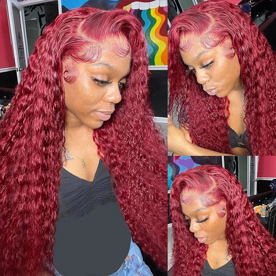 Perruque Lace Front Wig naturelle bouclée bordeaux 13x6 HD, cheveux ondulés profonds, couleur rouge 99J, 76 cm, pour femmes