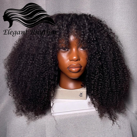 Perruques afro bouclées avec frange, densité 200 %, cheveux humains Remy, sans colle, pour femmes noires