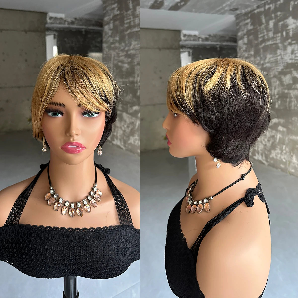 Perruques courtes en cheveux humains, coupe Pixie, perruque brésilienne droite pour femmes noires, perruques entièrement fabriquées à la machine avec frange