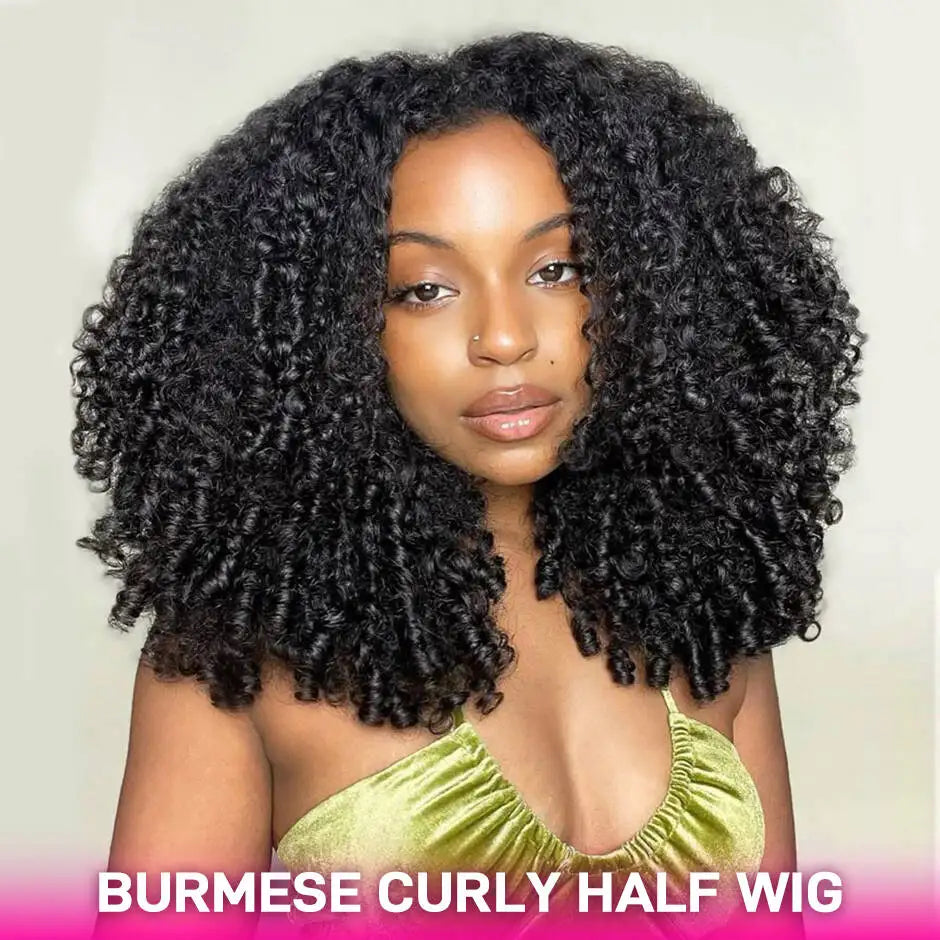 Perruque bouclée densité 250% 3 en 1, mi-burmese, facile à poser, idéale pour les débutantes, avec cordon de serrage, sans colle ni couture.