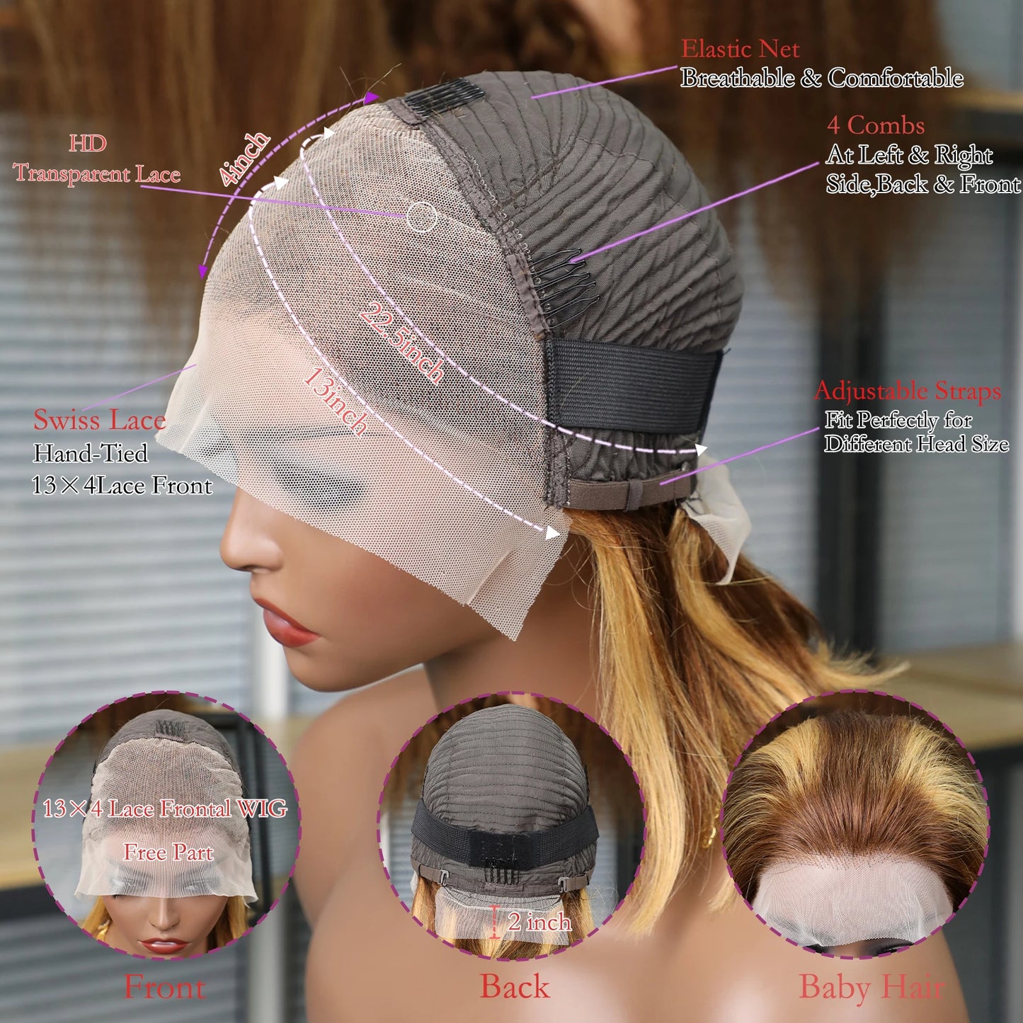 Perruque Bob 13x4, cheveux Remy lisses, ombré, mèches 4/27, perruques en cheveux humains, dentelle transparente sur le devant, pour femmes noires