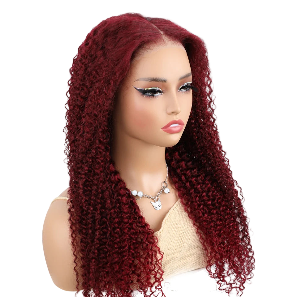 Perruque sans colle Wear And Go en cheveux humains pré-coupés Mongols crépus bouclés 99j Bordeaux 6x4 Lace, prête à porter