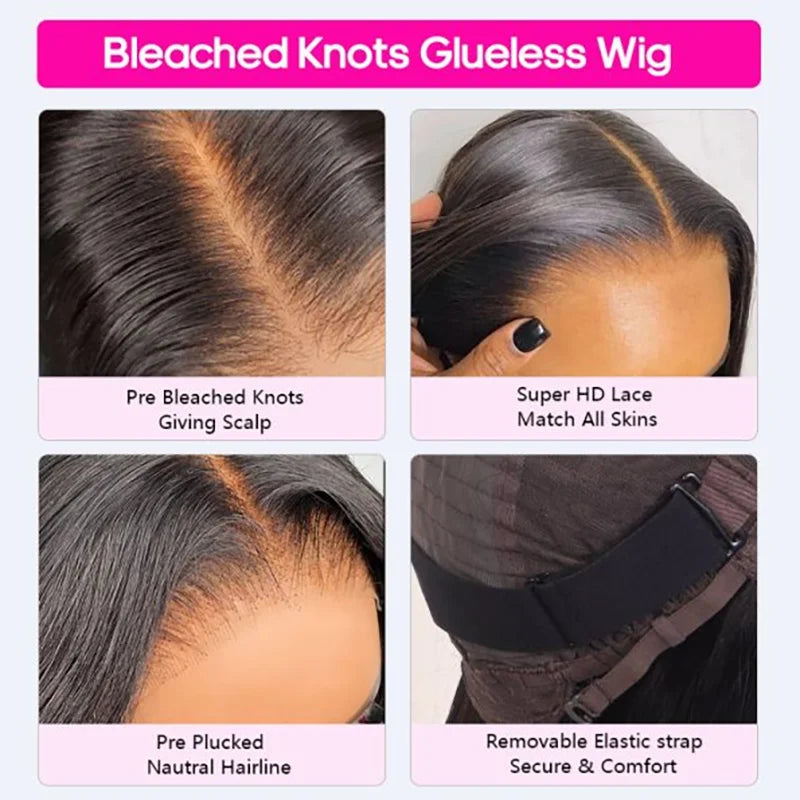 Perruques de cheveux humains raides pré-décolorés, avec fermeture en dentelle transparente, sans colle, à porter et à emporter