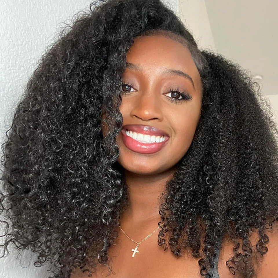 Perruques sans colle, demi-perruques afro bouclées, densité 250, cheveux humains, 3 en 1, avec cordon de serrage, clips sans couture