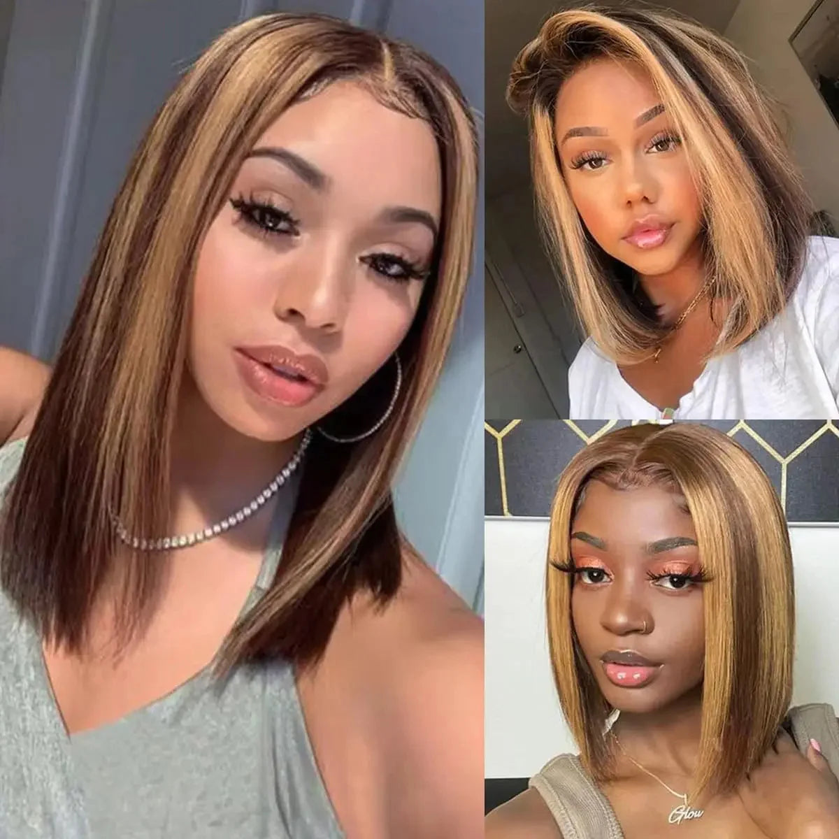 Perruque Bob 13x4, cheveux Remy lisses, ombré, mèches 4/27, perruques en cheveux humains, dentelle transparente sur le devant, pour femmes noires