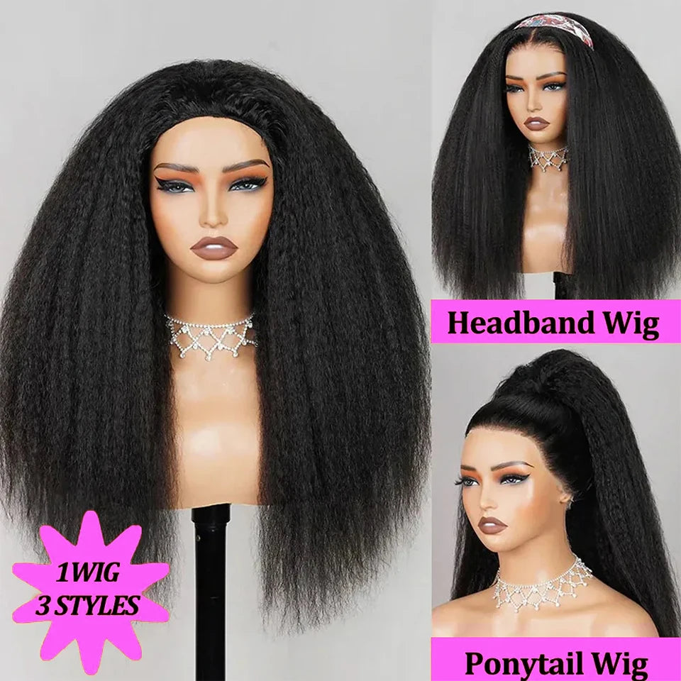 Perruque demi-perruque 3 en 1, cheveux humains crépus et raides, à porter et à emporter, sans colle, avec bandeau, cheveux humains vierges