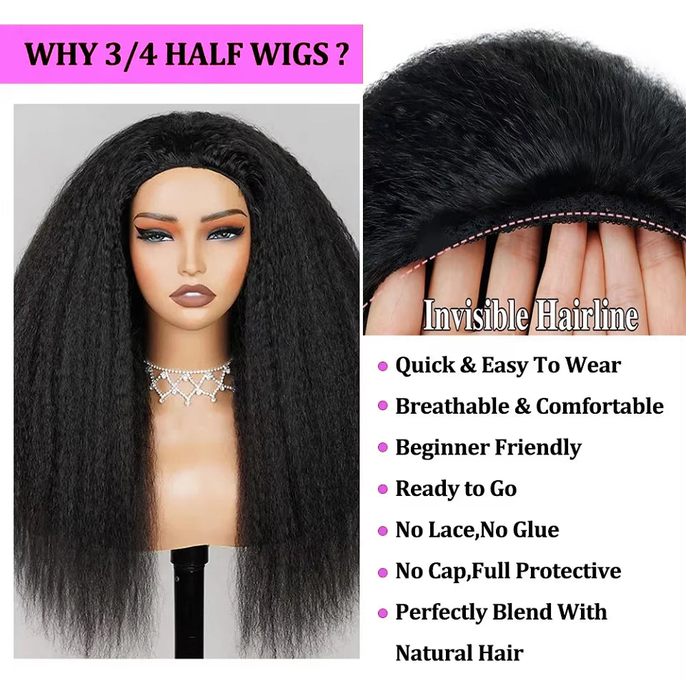 Perruque demi-perruque 3 en 1, cheveux humains crépus et raides, à porter et à emporter, sans colle, avec bandeau, cheveux humains vierges