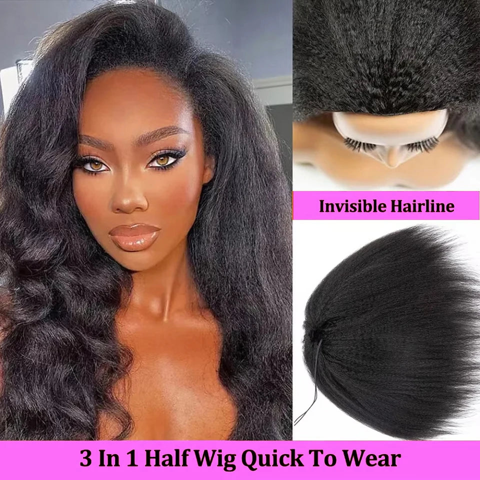 Perruque demi-perruque 3 en 1, cheveux humains crépus et raides, à porter et à emporter, sans colle, avec bandeau, cheveux humains vierges