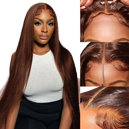 Perruques cheveux naturels, lisses, sans colle, brun chocolat, avec lace front, prêtes à porter, 10x10, pour femmes